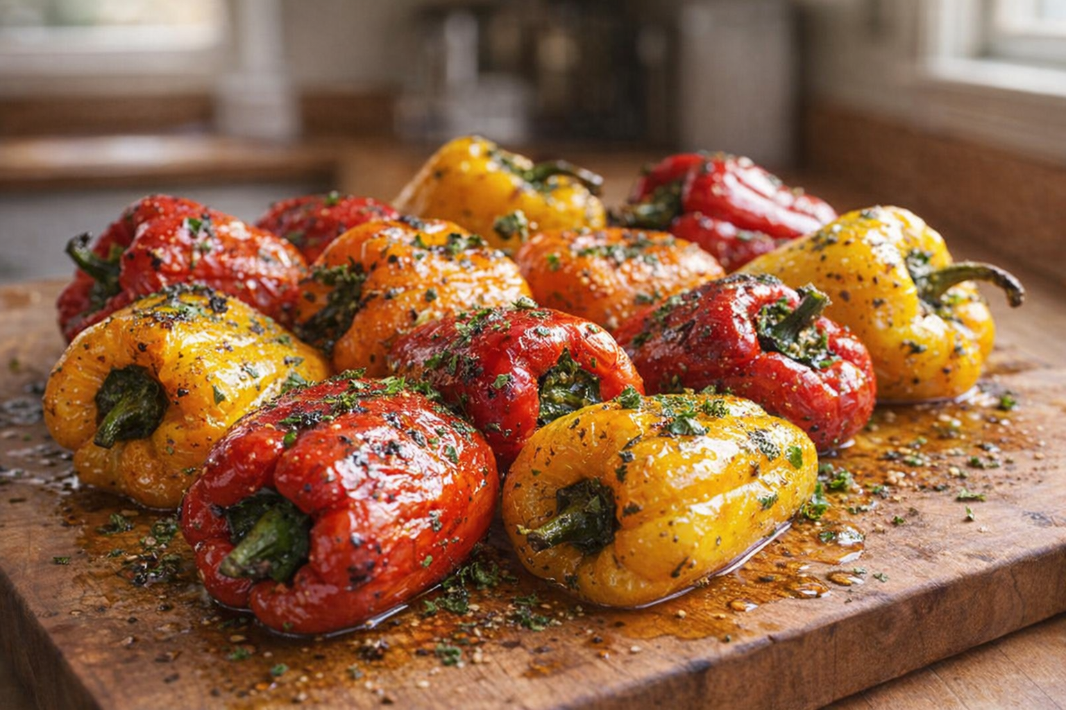 A vibrant display of roasted bell peppers in various colors, glistening with olive oil and herbs, presented on a rustic wooden board with a blurred kitchen backdrop